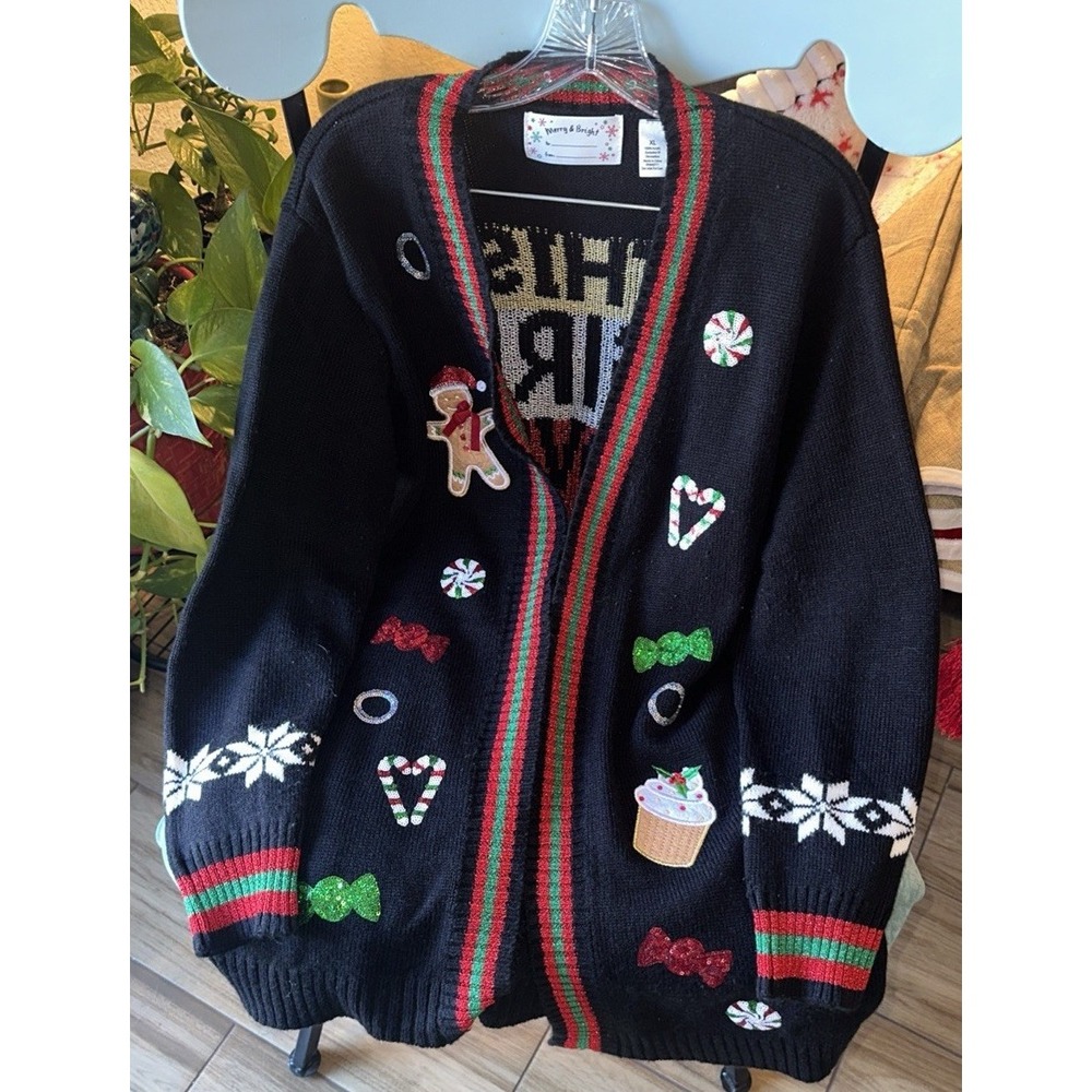 Vintage XL Christmas Embroidered Open Duster Cardigan Sweater Medium Black